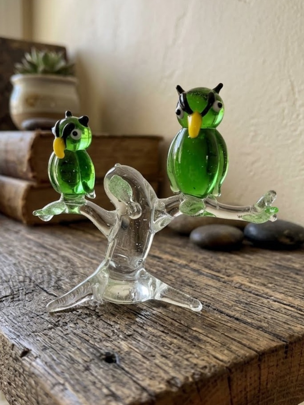 Vintage green Glass Bird Figurine on Branch 
Blown glass